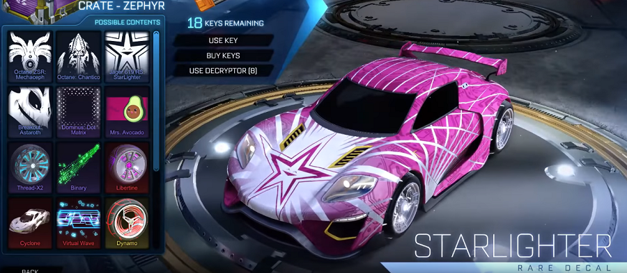 rocket league zephyr crate items - rare decal jager 619 rs starlighter