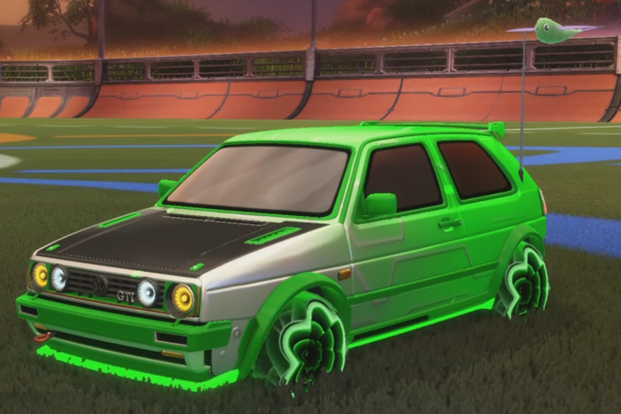 Rocket league Volkswagen Golf GTI RLE Forest Green design with Starcade,Flamethrower,Fish Fly,Mainframe,Dimensionator