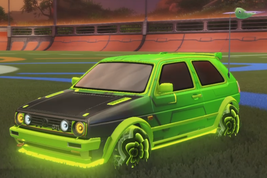 Rocket league Volkswagen Golf GTI RLE Lime design with Starcade,Flamethrower,Fish Fly,Mainframe,Dimensionator