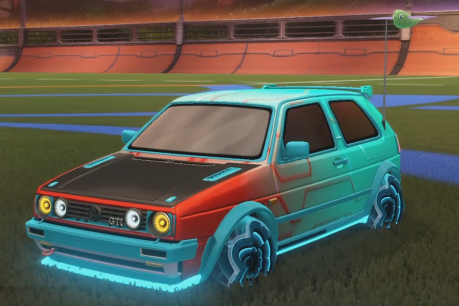 Rocket league Volkswagen Golf GTI RLE Sky Blue design with Starcade,Flamethrower,Fish Fly,Mainframe,Dimensionator